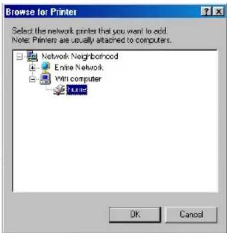 Browse for Printer Select the network printer that you want to add. Note: Printers are usually attached to computers. Network Neighborhood Entire Network VMI computer Status OK Cancel