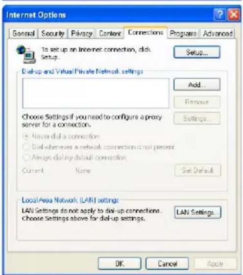 Internet Options General Security Privacy Content Connections Programs Advanced To set up an Internet connection, click. Setup... Setup... Dial-up and Virtual Private Network settings Add... Remove Settings... Choose Settings if you need to configure a proxy server for a connection. Never dial a connection. Dial whenever a network connection is not present Always dial my default connection. Current Name Set Default Local Area Network (LAN) settings LAN Settings do not apply to dial-up connections. LAN Settings Choose Settings above for dial-up settings. OK Cancel Apply