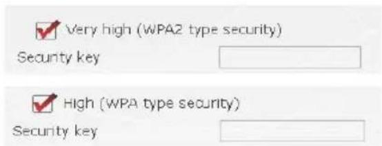 ✓ Very high (WPA2 type security) Security key ✓ High (WPA type security) Security key