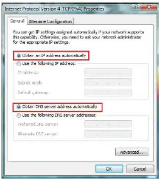 Internet Protocol Version 4 (TCP/IPv4) Properties General Alternate Configuration You can get IP settings assigned automatically if your network supports this capability. Otherwise, you need to ask your network administrator for the appropriate IP settings. Obtain an IP address automatically Use the following IP address: IP address: ... Subnet mask: ... Default gateway: ... Obtain DNS server address automatically Use the following DNS server addresses: Preferred DNS server: ... Alternate DNS server: ... Advanced... OK Cancel