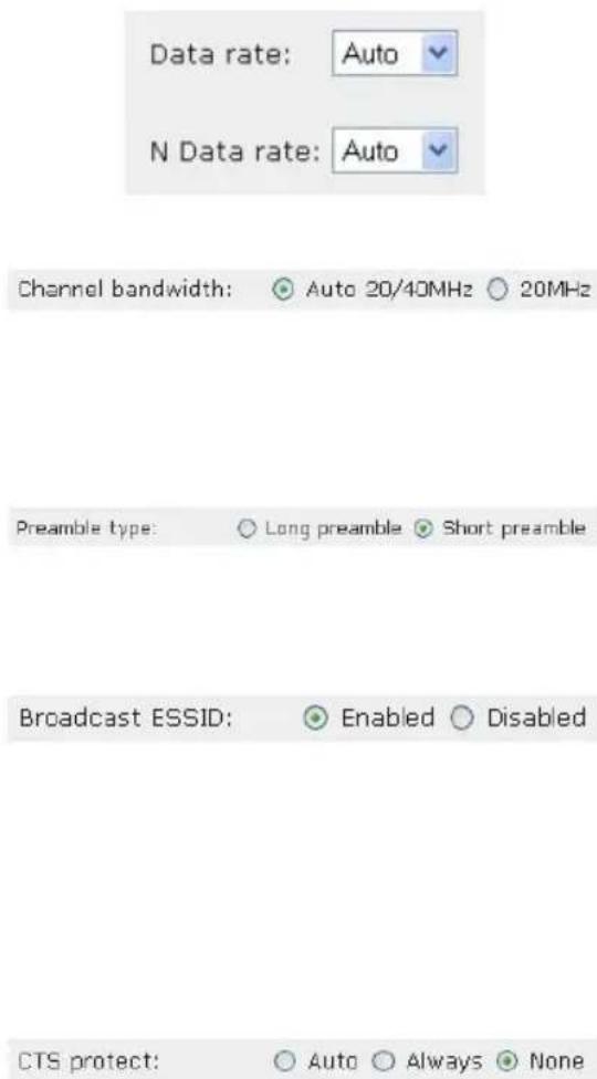 Data rate: Auto N Data rate: Auto Channel bandwidth: ● Auto 20/40MHz ○ 20MHz Preamble type: ○ Long preamble ▼ Short preamble Broadcast ESSID: ● Enabled ○ Disabled CTS protect: ○ Auto ○ Always ● None