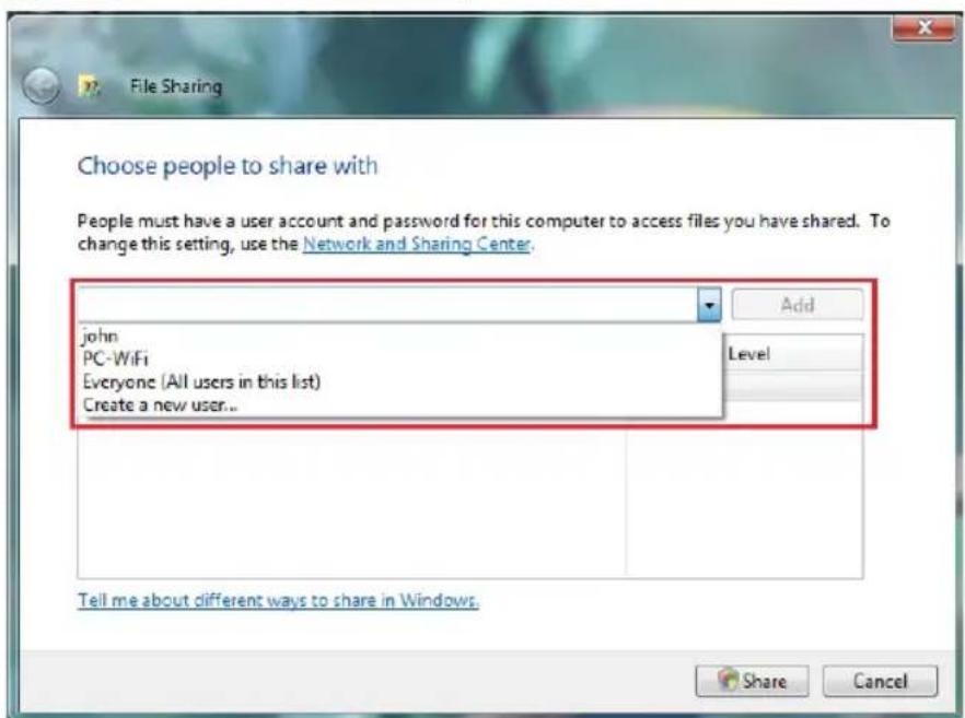 File Sharing Choose people to share with People must have a user account and password for this computer to access files you have shared. To change this setting, use the Network and Sharing Center. John PC-WiFi Everyone (All users in this list) Create a new user... Add Level Tell me about different ways to share in Windows.