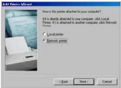 Edit Printer Wizard How is this printer attached to your computer? It is directly attached to your computer. click Local Printer. If it is attached to another computer. click Network. Printer ○ LocalPrinter ● Network printer ( Back Next ) Cancel