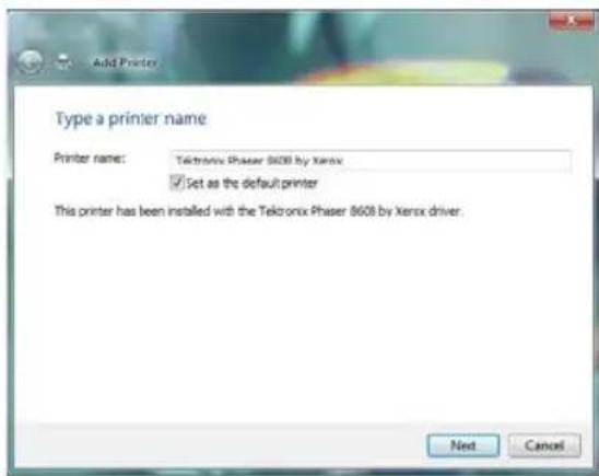 Add Printer Type a printer name Printer name: Telkronix Phaser 8608 by Xerox ✓ Set as the default printer This printer has been installed with the Tektronix Phaser 8608 by Xerox driver. Next Cancel