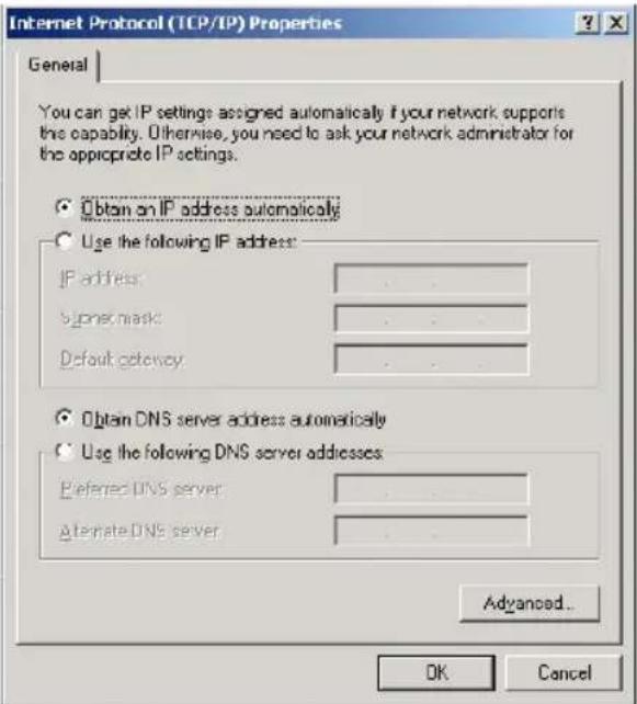 Internet Protocol (TCP/IP) Properties General You can get IP settings assigned automatically if your network supports this capability. Otherwise, you need to ask your network administrator for the appropriate IP settings. Obtain an IP address automatically Use the following IP address: IP address sponer mask Default security Obtain DNS server address automatically Use the following DNS server addresses: Preferred DNS server Alternate DNS server Advanced... OK Cancel