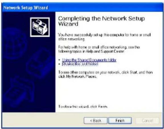 Network Setup Wizard Completing the Network Setup Wizard You have successfully set up this computer for home or small office networking. For help with home or small office networking, see the following topics in Help and Support Center: • Using the Shared Documents folder • Sharing free and folders To see other computers on your network, click Start, and then click My Network Places. To close the wizard, click Finish. < Back Finish Cancel