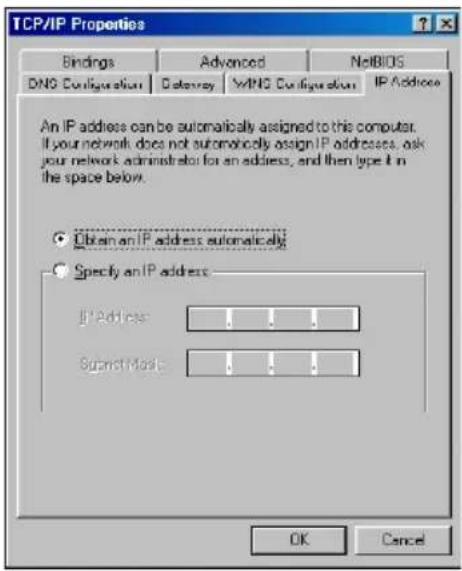 TCP/IP Properties Bindings Advanced NetBIOS DNS Configuration Dataway WinDB Configuration IP Address An IP address can be automatically assigned to this computer. If your network does not automatically assign IP addresses, ask your network administrator for an address, and then type it in the space below. Obtain an IP address automatically Specify an IP address IP Address Specify Mask OK Cancel