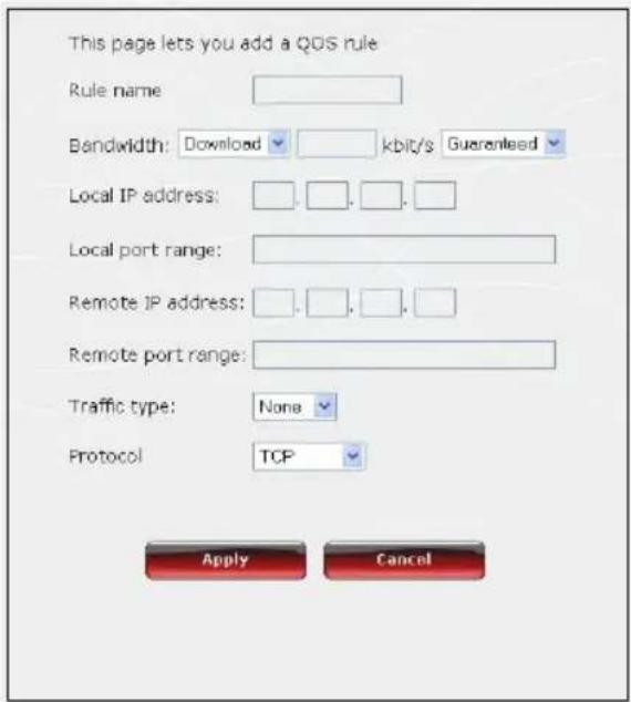 This page lets you add a QOS rule Rule name: Bandwidth: Download kbit/s Guaranteed Local IP address: Local port range: Remote IP address: Remote port range: Traffic type: None Protocol TCP Apply Cancel