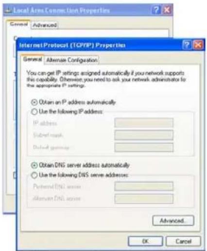Local Area Connection Properties General Advanced Internet Protocol (TCP/IP) Properties General Alternate Configuration You can get IP settings assigned automatically if you network supports this capability. Otherwise, you need to ask your network administrator for the appropriate IP settings. Obtain an IP address automatically Use the following IP address: IP address Subset mask Dset mask Obtain DNS server address automatically Use the following DNS server addresses: Partnered DNS server Alternated DNS server Advanced... OK Cancel