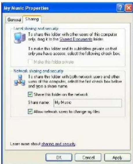 My Music Properties General Sharing Local sharing and security To share this folder with other users of this computer only, drag it to the Shared Documents folder To make this folder and its subfolders private so that only you have access, select the following check box. Make this folder private Network sharing and security To share this folder with both network users and other users of this computer, select the first check box below and type a share name. Share this folder on the network Share name: My Music Allow network users to change my files Learn more about sharing and security. OK Cancel Apply
