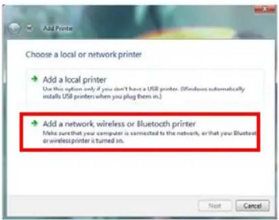 Add Printer Choose a local or network printer Add a local printer Use this option only if you don't have a USB printer. (Windows automatically installs USB printers when you plug them in.) Add a network wireless or Bluetooth printer Make sure that your computer is connected to the network, or that your Bluetooth or wireless printer is turned in. Next Cancel