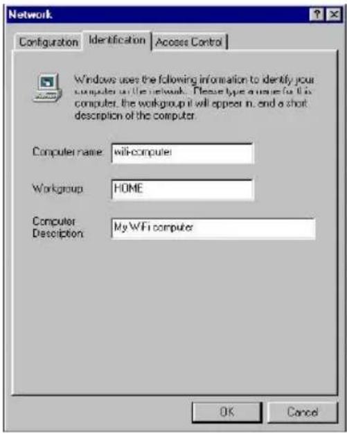 Network Configuration Identification Access Control Windows uses the following information to identify your computer in the network. Please type a name for this computer, the workgroup it will appear in. end a short description of the computer. Computer name: will-computer Workgroup: HOME Computer Description: My WiFi computer OK Cancel
