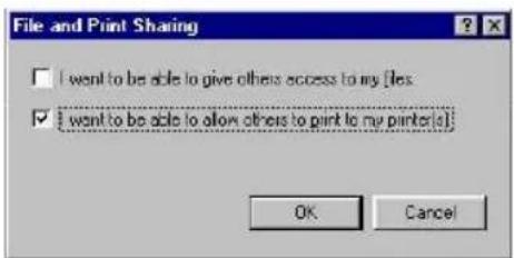 File and Print Sharing I want to be able to give others access to my [les] I want to be able to allow others to print to my printer(s) OK Cancel