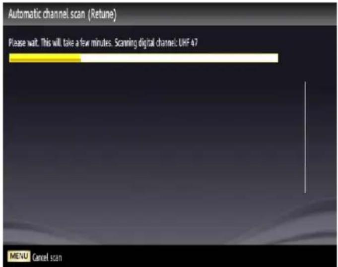 Automatic channel scan (Retune) Please wait. This will take a few minutes. Scanning digital channel: UHF 47 MENU Cancel scan