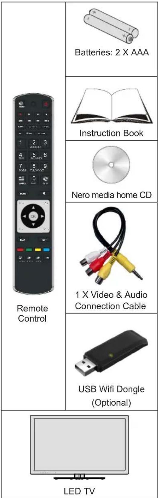 Batteries: 2 X AAA Instruction Book Nero media home CD 1 X Video & Audio Connection Cable USB Wifi Dongle (Optional) LED TV