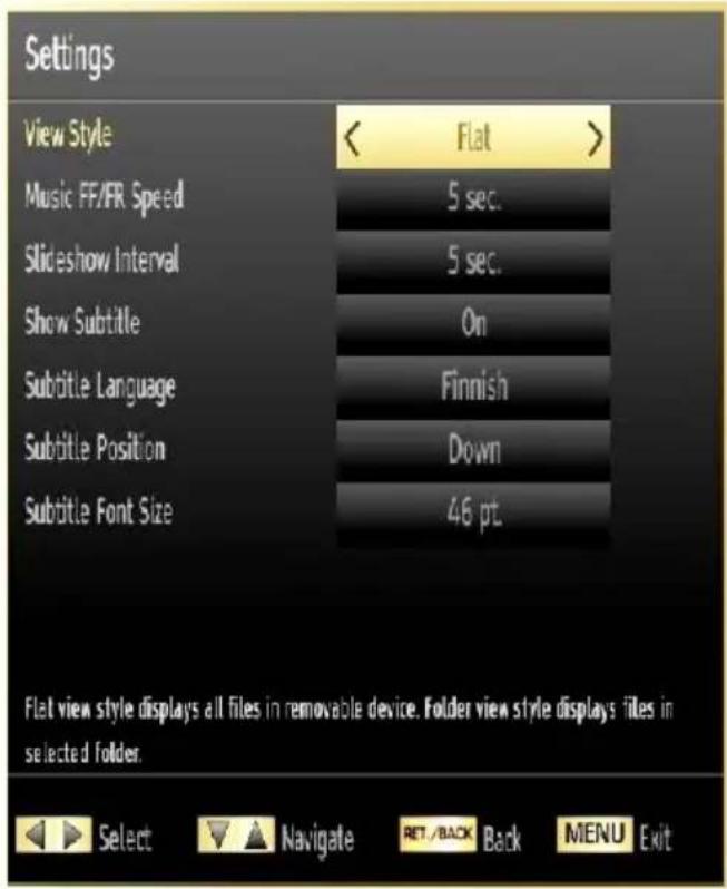 Settings View Style < Flat > Music FF/FR Speed 5 sec. Slideshow Interval 5 sec. Show Subtitle On Subtitle Language Finnish Subtitle Position Down Subtitle Font Size 46 pt. Flat view style displays all files in removable device. Folder view style displays files in selected folder. Select Navigate RET/BACK Back MENU Exit