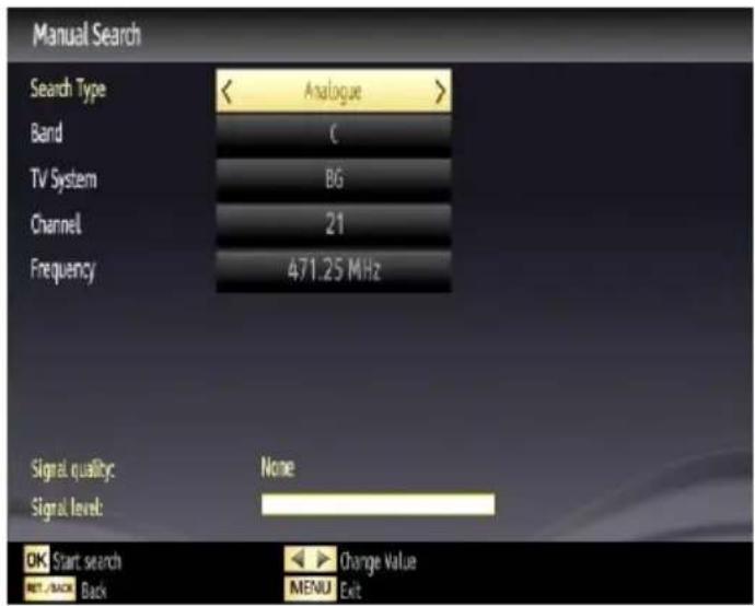 Manual Search Search Type < Analogue > Band C TV System BG Channel 21 Frequency 471.25 MHz Signal quality: None Signal level: OK Start search NET BACK Back Change Value MENU Exit