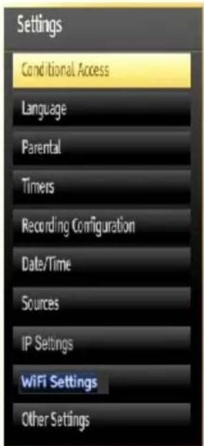 Settings Conditional Access Language Parental Timers Recording Configuration Date/Time Sources IP Settings WiFi Settings Other Settings