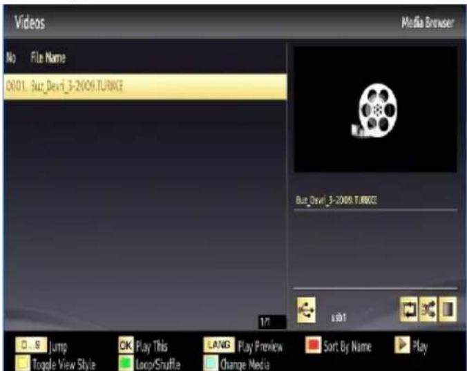 Videos Media Browser No File Name D0101.3uz_Devi_3-2009.TURKE Buz_Devi_3-2009.TURKE s61 Jump OK Play This LANG Play Preview Sort By Name Play Toggle View Style Loop/Shuffle Change Media