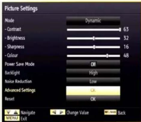 Picture Settings Mode Dynamic - Contrast 63 - Brightness 32 - Sharpness 16 - Colour 48 Power Save Mode Off Backlight High Noise Reduction Low Advanced Settings OK Reset OK Navigate Exit Change Value NET/MAN Back MENU