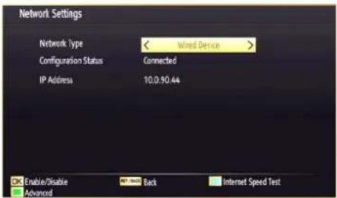 Network Settings Network Type Wired Device Configuration Status Connected IP Address 10.0.90.44 Enable/Disable Back Internet Speed Test Advanced