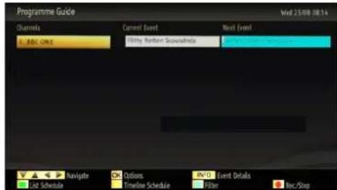 Programme Guide Wid 25/08/08:14 Channels E:\MSC One Current Event With Random Soundtrack Next Event Navigate OK Options Timeline Schedule INTO Event Details Filter Rec/Stop