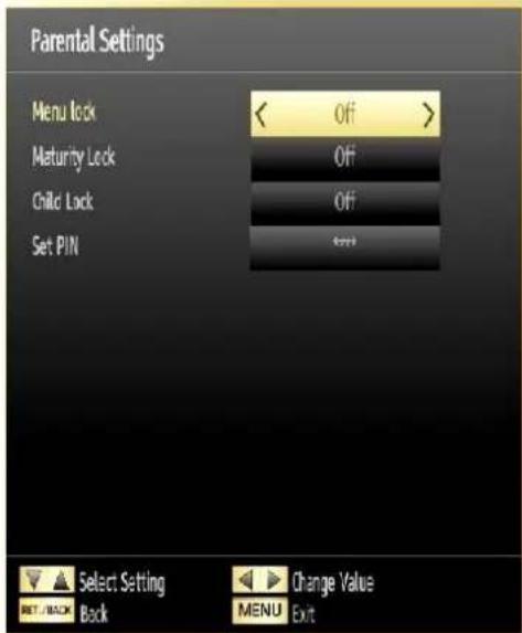 Parental Settings Menu lock Off > Maturity Lock Off Chilo Lock Off Set PIN Select Setting Back Change Value MENU Exit