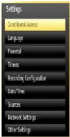 Settings Conditional Access Language Parental Timers Recording Configuration Date/Time Sources Network Settings Other Settings