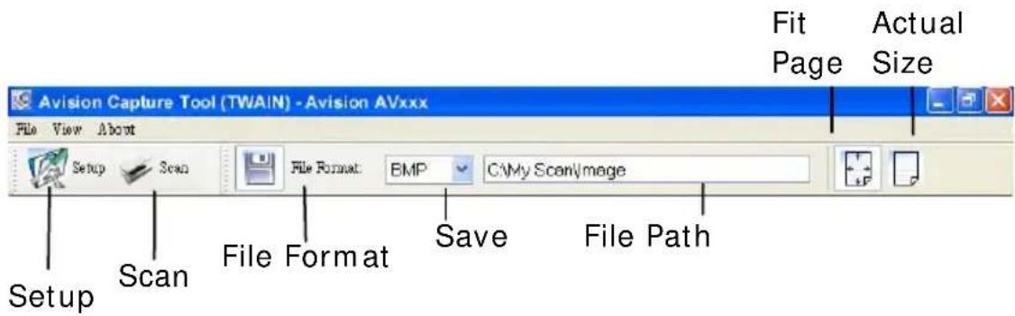 Avision Capture Tool (TWAIN) -Avision AVxxx File View About Setup Scan File Format BMP C:\My Scan\mage File Format Save File Path Fit Page Actual Size