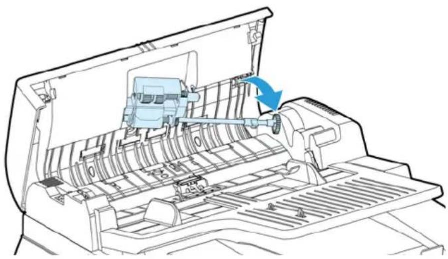 Technical line drawing of a mechanical device with internal components and a blue arrow indicating rotation (no text or symbols)