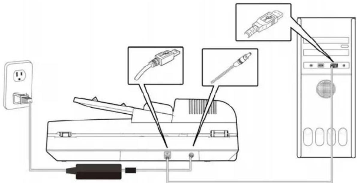 Diagram showing connections between a printer, computer tower, and electrical outlet with labeled components