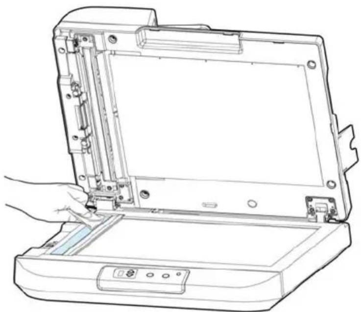 Line drawing of a device open with a hand inserting a component (no text or symbols)