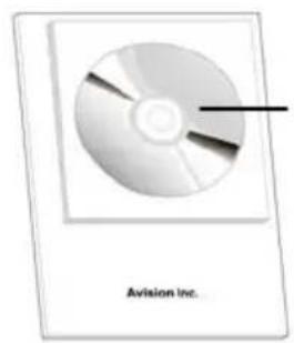 Illustration of a CD or DVD disc with an arrow pointing to it, labeled 'Avision Inc.' below (no other text or symbols)