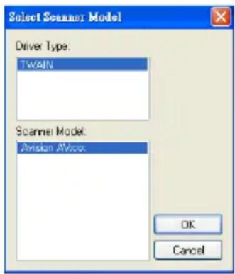 Select Scanner Model Driver Type: TWIN Scannel Model: Avisian Avics OK Cancel