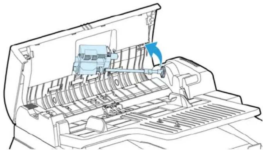 Technical line drawing of a mechanical device with internal components and a blue arrow indicating direction (no text or symbols)