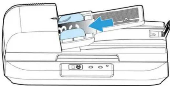 Line drawing of a printer's front panel showing internal components and a blue arrow indicating direction (no text or symbols)