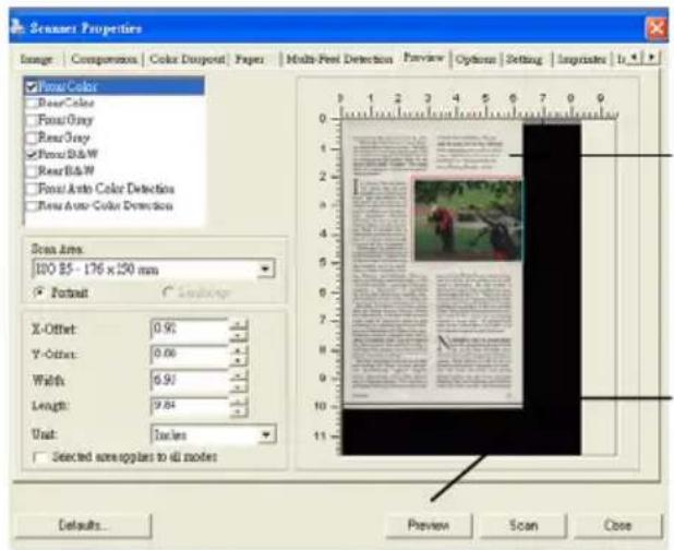 Scanner Properties Image | Comparison | Color Disposal | Paper | Multi-Feel Detection | Preview | Options | Setting | Integrates | It | Focus/Color Bear/Color Foss/Gray Bear/Gray Focus/D&W Bear/D&W Foss/Auto Color Detection Foss/Auto Color Detection Scan Area: 100.85 - 176 x 250 mm Fillet X-Offset:…