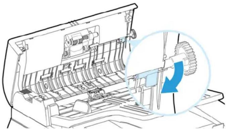 Technical line drawing of a mechanical device with a magnified inset showing a gear mechanism (no text or symbols)