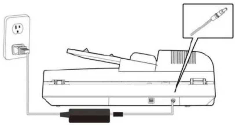 Line drawing of a printer with a power outlet and cable connector (no text or symbols)