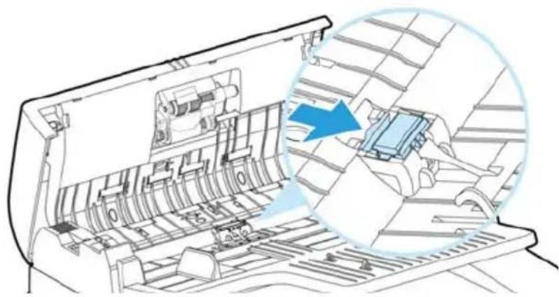 Technical line drawing of a mechanical assembly with a magnified inset showing internal components (no text or symbols)