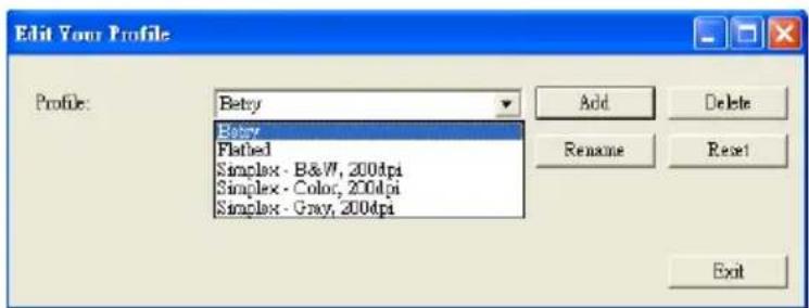 Edit Your Profile Profile: Berry Berry Flated Simplex - B&W, 200dpi Simplex - Color, 200dpi Simplex - Gray, 200dpi Add Delete Rename Reset Exit