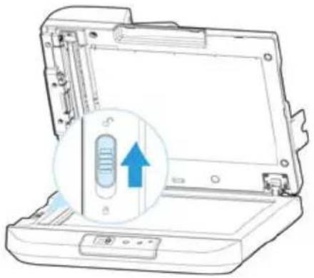 Line drawing of a laptop with an open lid and a magnified inset showing a scroll inside (no text or symbols)