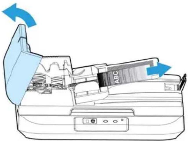 Diagram of a printer with ABC label and blue directional arrows indicating rotation or movement