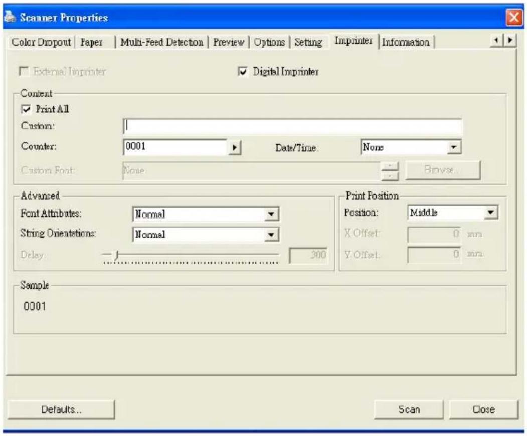 Scanner Properties Color Dropout | Paper | Multi-Feed Detection | Preview | Options | Setting | Imprinter | Information | External Imprinter Digital Imprinter Content Print All Custom: Counter: 0001 Date/Time: None Custom Font: None Browse... Advanced Font Attnbutes: Normal String Orientations: Norm…
