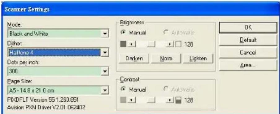 Scanner Settings Mode: Black and White Dither: Halfone 4 Dots per inch: 300 Page Size: A5 - 14.8 x 21.0 cm FIXDFLT Version 55.1.260.651 Avision PXN Driver V2.01.062402 Brightness ● Manual ○ Automatic ■ ▼ ▼ ▼ 126 Darken Nom Lighten Contrast ● Manual ○ Automatic ■ ▼ ▼ ▼ 128 OK Default Cancel Area...