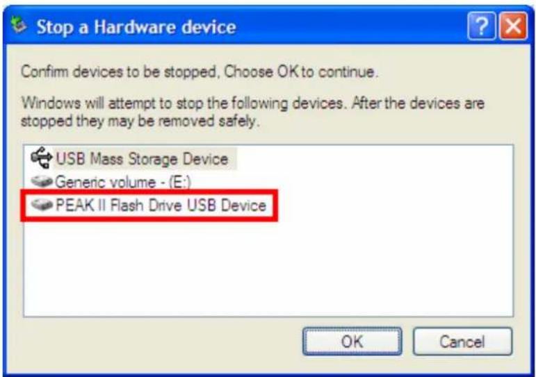 Stop a Hardware device Confirm devices to be stopped, Choose OK to continue. Windows will attempt to stop the following devices. After the devices are stopped they may be removed safely. USB Mass Storage Device Generic volume - (E:) PEAK II Flash Drive USB Device OK Cancel