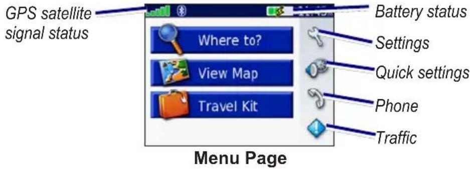GARMIN nüvi 310T - Understanding the Menu Page - 1