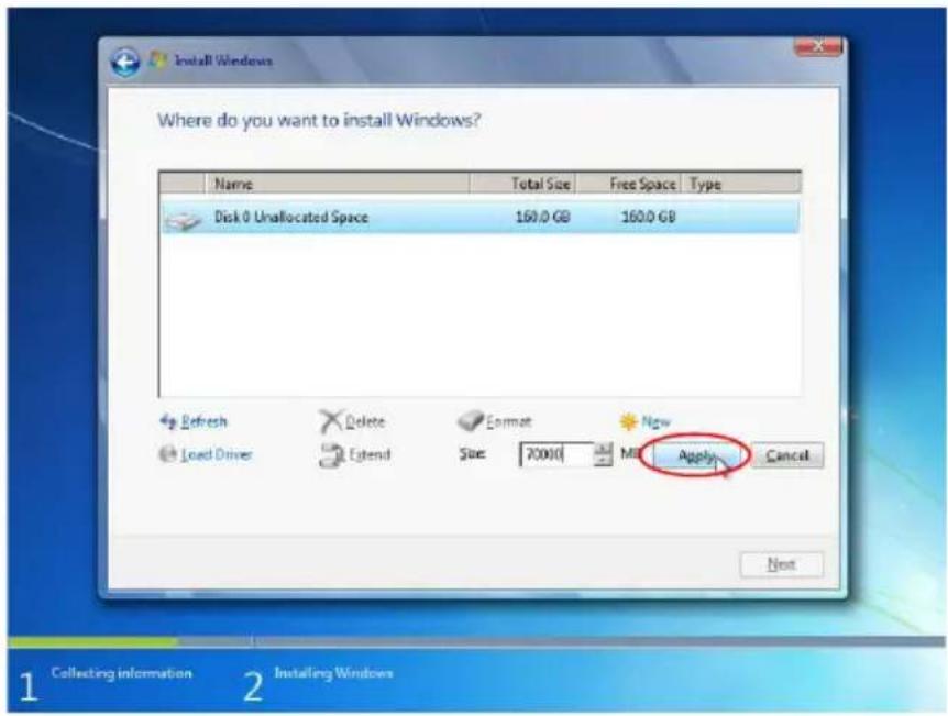 Install Windows Where do you want to install Windows? Name Total Size Free Space Type Disk 0 Unallocated Space 160.0 GB 160.0 GB Refresh Delete Format New Load Driver Extend Size: 70000 MS Apply Cancel Next 1 2 Installing Windows