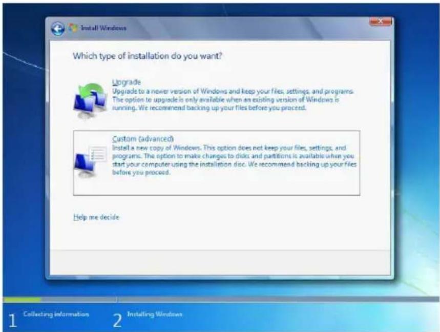 Install Windows Which type of installation do you want? Upgrade Upgrade to a newer version of Windows and keep your files, settings, and programs. The option to upgrade is only available when an existing version of Windows is running. We recommend backing up your files before you proceed. Custom (advanced) Install a new copy of Windows. This option does not keep your files, settings, and programs. The option to make changes to disks and partitions is available when you start your computer using the installation disc. We recommend backing up your files before you proceed. Help me decide