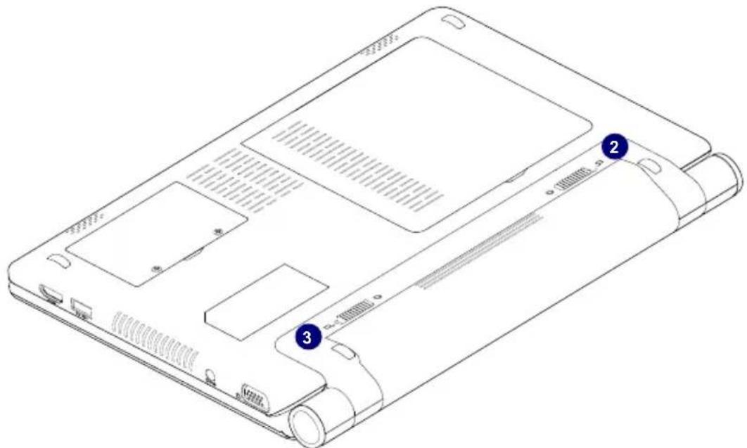 Technical diagram of a laptop with labeled parts, showing front and rear views and internal components.